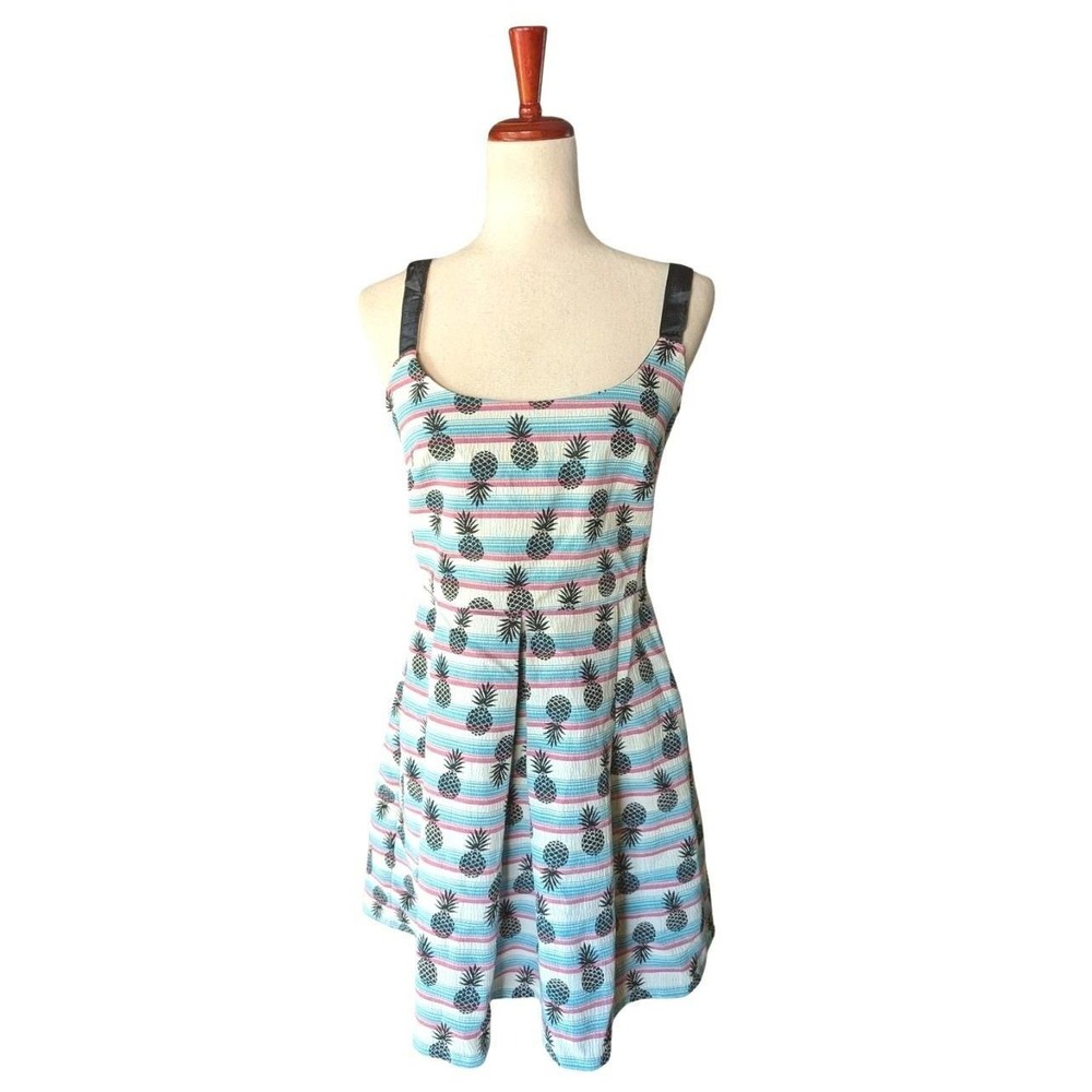 Zara Trafaluc Pineapple Print Striped Fit and Flare Mini Dress‎ Blue Pink Medium